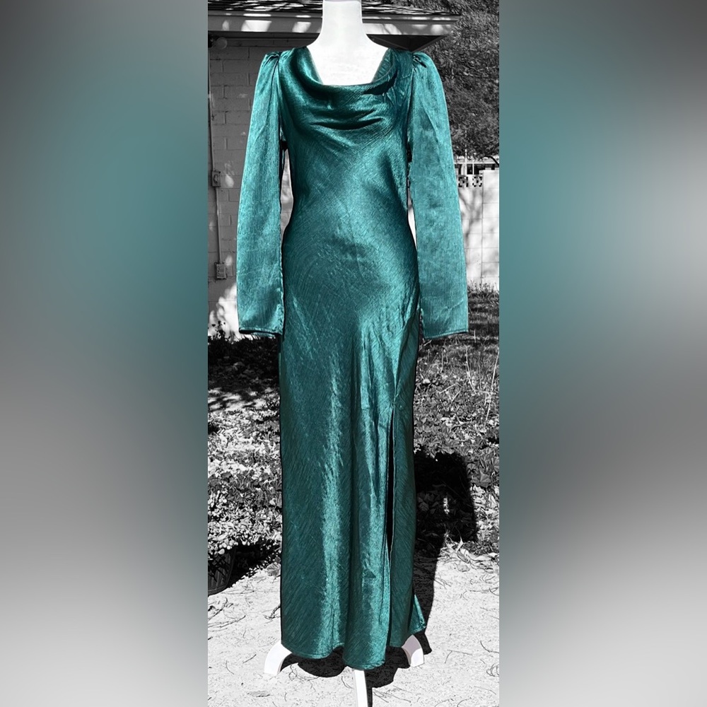 Anthropologie RAHI evening satin dress. Cowl neckline, long sleeves. Green. M - Picture 4 of 14